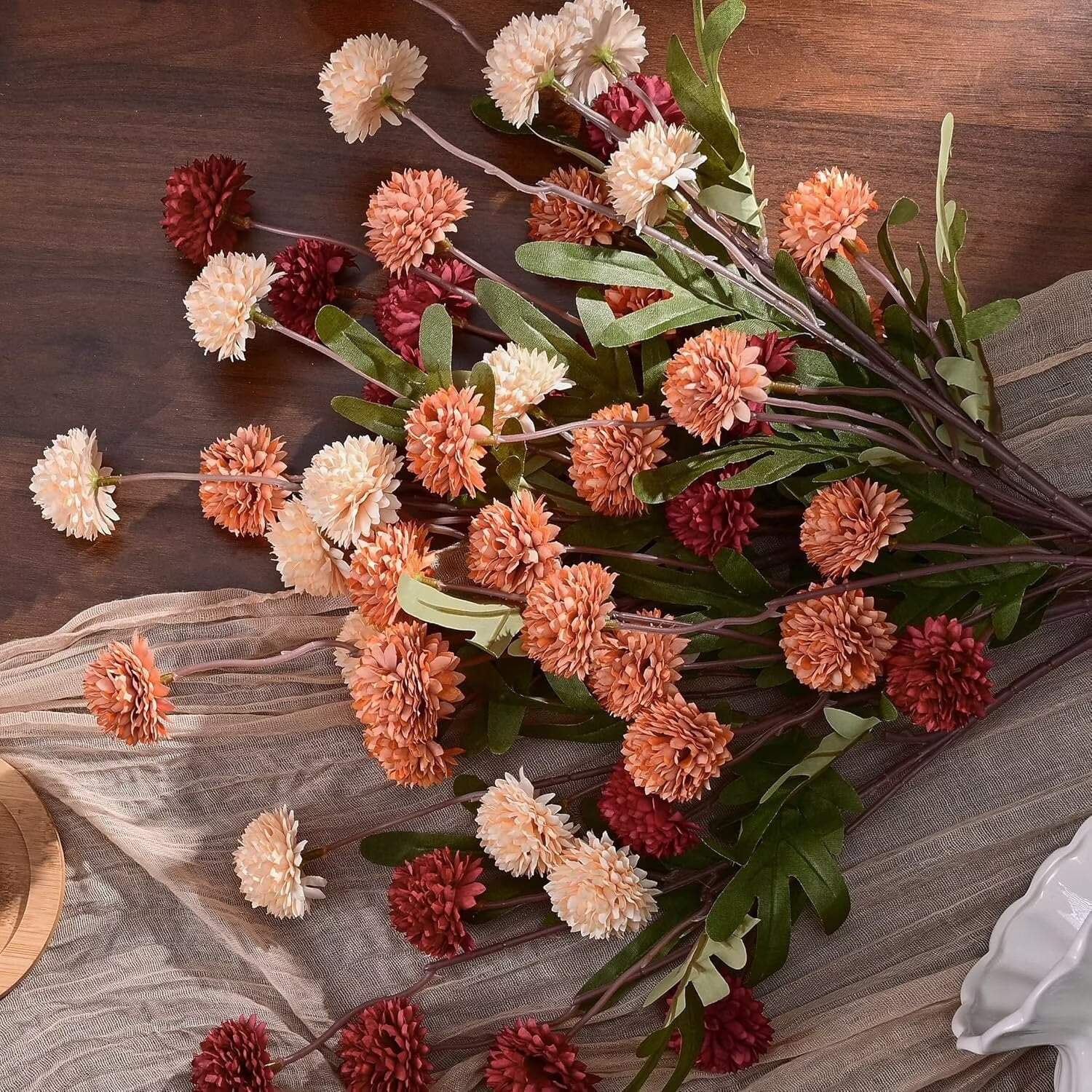 Pakyozj 10pcs Fake Silk Pompon Mum Artificial Flowers, Bulk Faux Mini Chrysanthemums, for Centerpieces Wedding Fillers Champagne Arrangements Boho Decor, No vase