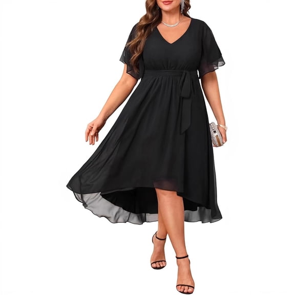 AURA Plus Size V Neck Chiffon Midi Dress Cross Strap Tie Waist Ruffle Hem A Line Short Sleeve Elegant Party Dress