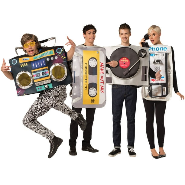 Retro 80s Costumes Set Vinyl Record, Boombox, Pay Phone, Mix Tape