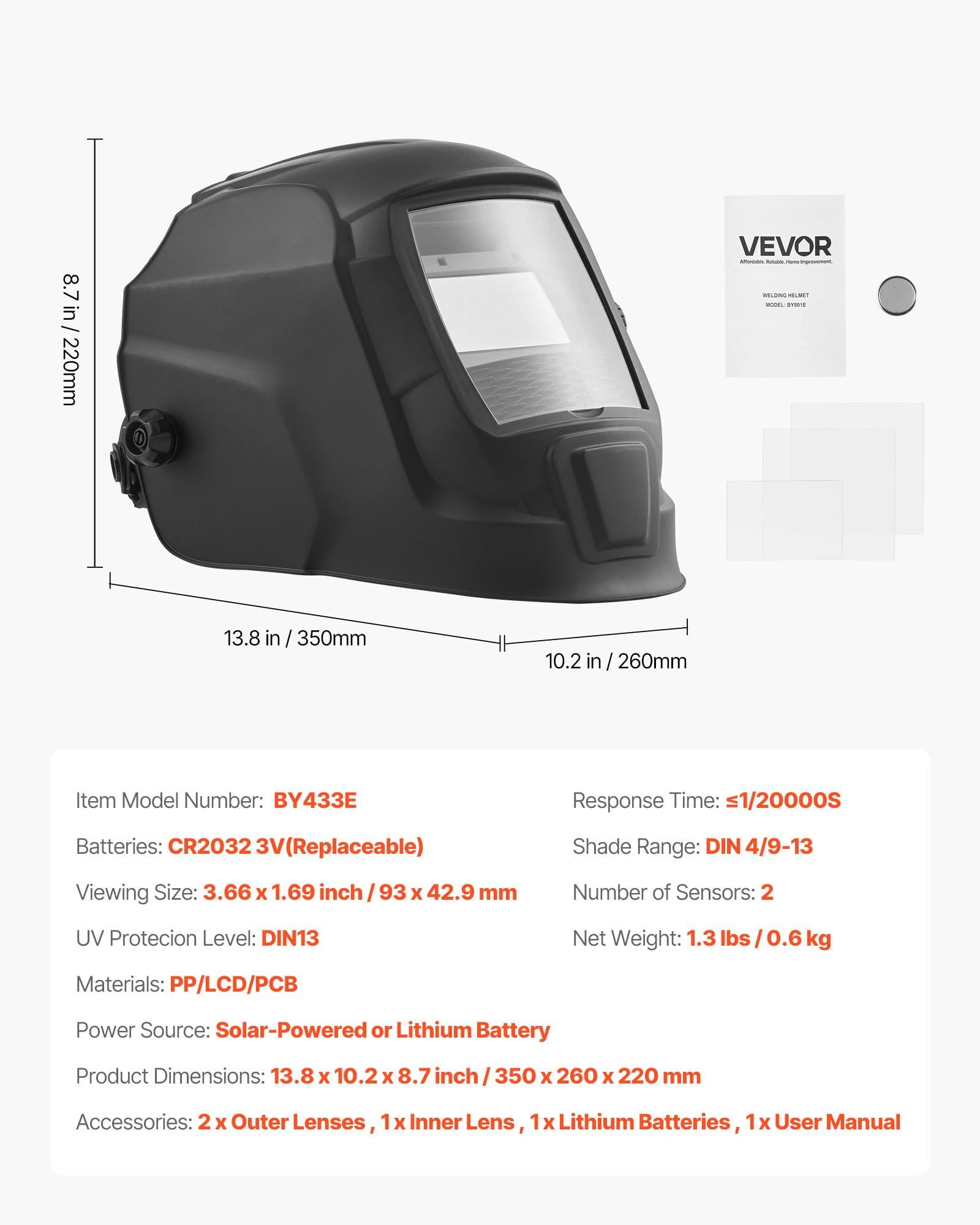 3.66" x 1.69" Solar Auto Darkening Welding Helmet, 2 Sensors, Shade 4/9-13
