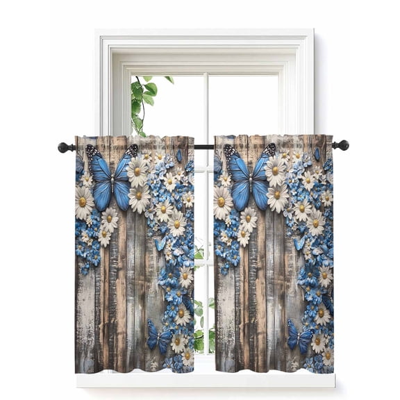 Blue White Daisy Curtains 54 Inch Length,Sheer Curtains for Bedroom Living Room Window Vintage Pastoral Butterfly Rustic Wood Rod Pocket Drapes Kitchen Curtains Small Half Window 42"x54" 2 Panels
