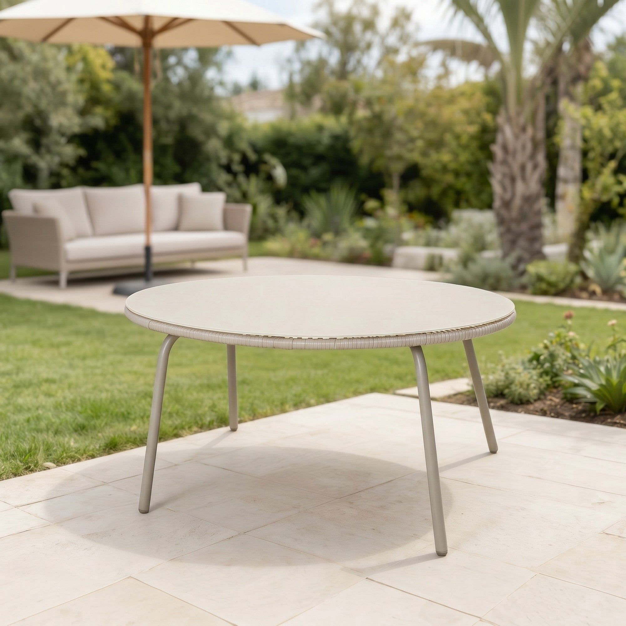 Sailvan Off-White Round Outdoor PE Rattan Glass Table for Patio Garden