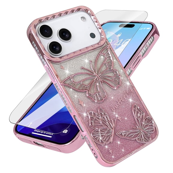 Dteck for iPhone 17 Pro Max Case, Cute 3D Butterfly Slim Plating Glitter Protective Phone Cover,Pink Clear Screen Protector