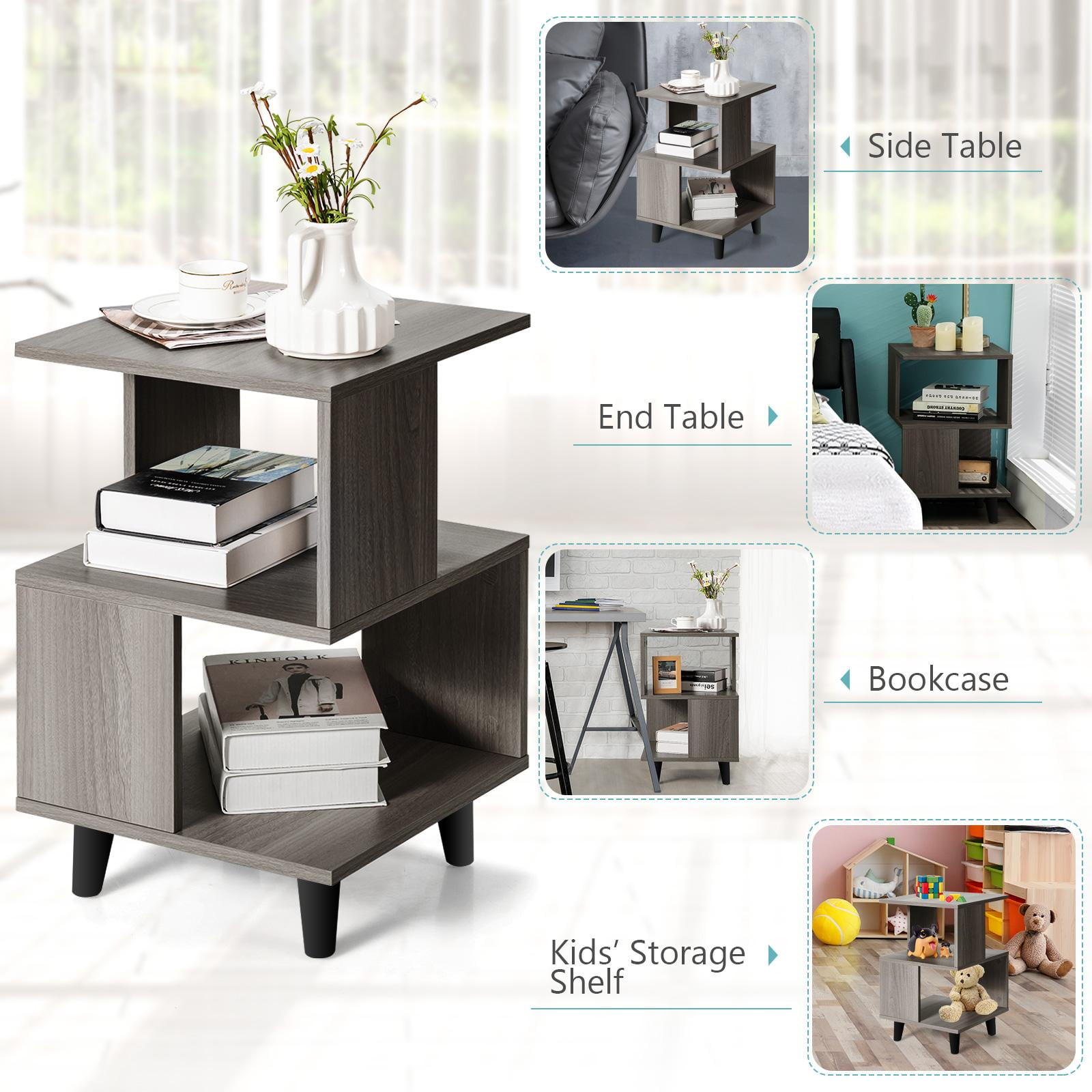 Giantex Set of 2 End Table, Accent Sofa Wood Nightstand, Small Bookcas w/Open Storage Shelves