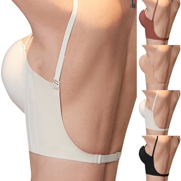 IQOGKRN Women Wireless Seamless Low Back Bra Thin Adjustable Strap Padded Backless Bralette Front Buckle Lift Support Brassiere Beige 32