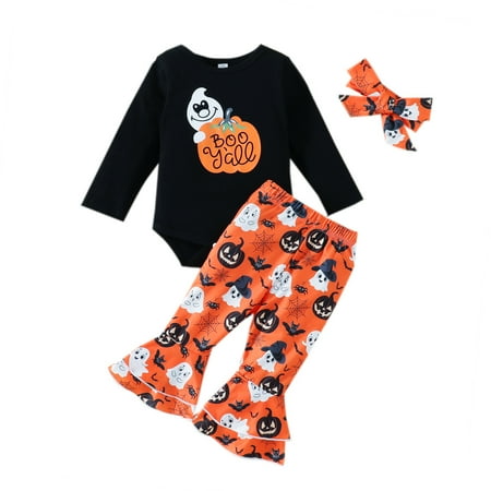 

AmShibel My First Halloween Baby Girl Clothes Set Long Sleeve Romper+Flare Pants+Headband 3PCS Outfits