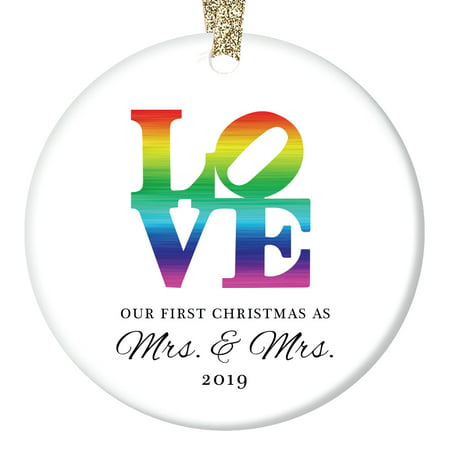 LOVE Christmas Ornament 2019, Our First Xmas Together Gifts for Lesbian Married Couple, Gay Women First Holiday as Mrs & Mrs Couple Present Ceramic 3