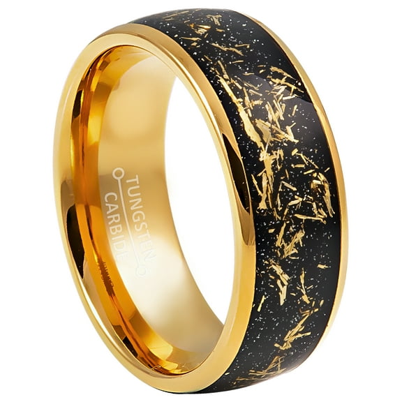 Sparkly Gold IP Dome Tungsten Wedding Band with Imitation Gold Meteorite Inlay - Comfort Fit Tungsten Carbide Ring - Anniversary Ring - TN831s14
