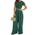 thumbnail image 3 of Liher Women Summer Tracksuit Set Plain 2 Piece Outfit Dark Green Short Sleeve Crop Tops Wide Leg Pants Set Clothes Size L, 3 of 4