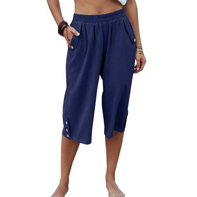 UKAP Ladies Pants Solid Color Loungewear With Pocket Palazzo Pant Boho Holiday Bottoms Blue XL