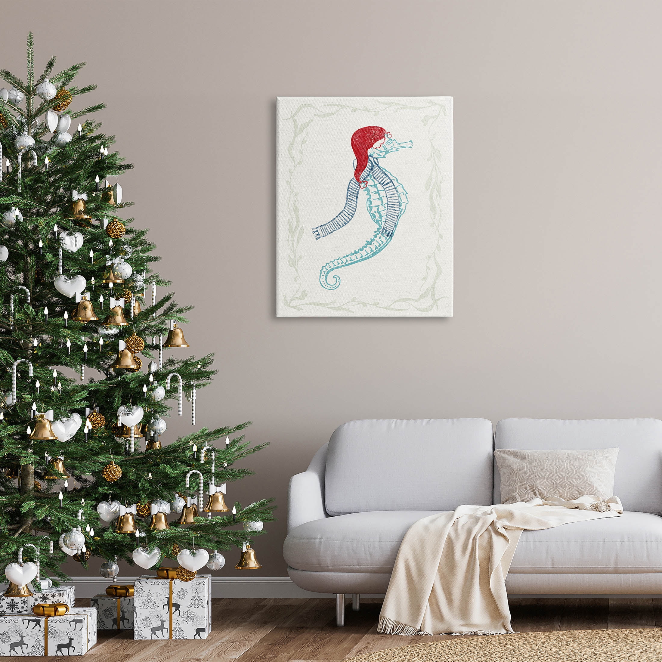 Coastal Christmas Seahorse Santa Holiday Graphic Art Gallery Wrapped Canvas Print Wall Art