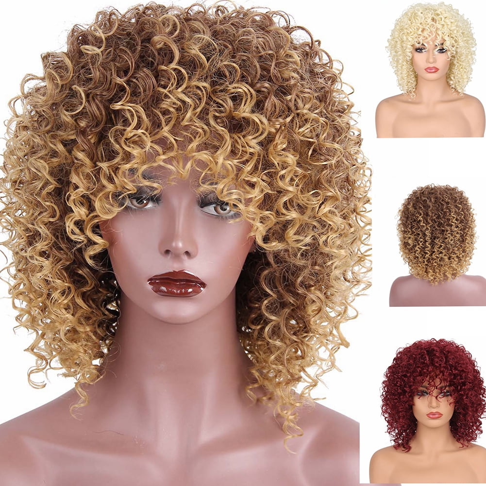 Neinkie Short Curly Afro Wigs With Bangs For Black Women African Synthetic Glueless Heat Resistant Fluffy Bomb Curly Hair Wig Gold
