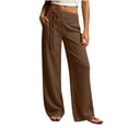 thumbnail image 2 of Costeam Womens Linen Feel Wide Leg Pants Double Layer Fold Over Drawstring High Waist Full Length Lightweight Wrinkle Friendly Loose Straight Casual Vacation Trousers, 2 of 7