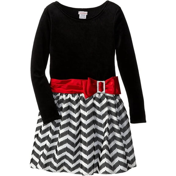 Youngland Little Girls' Chevron Print Velvet Dress, Black/White/Red, 2T