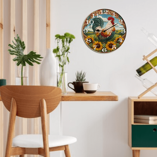 Kurmntregon Farmhouse Rooster Wall Clock Chicken Kitchen Wooden Decorative Wooden Battery Operated Quartz Silent Hanging Clock For Bedroom Living Room Kitchen Coffee Bar Round 10"