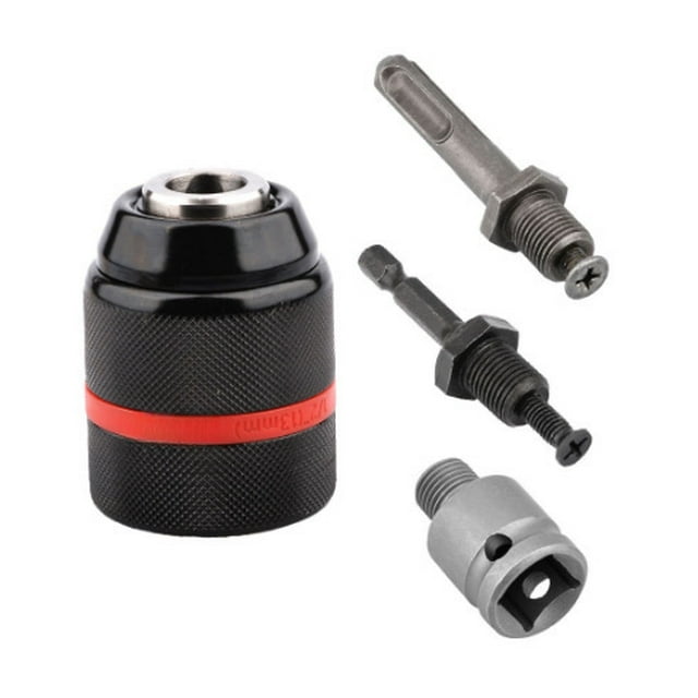 Ensemble d'Accessoires de Perceuse à Impact Tout Métal 13mm avec Mandrin Autobloquant, Poignée Électrique Convertible Ronde/hexagonale, Kit de 4 Pcs pour Perçage, Vissage et Marteau – Durable