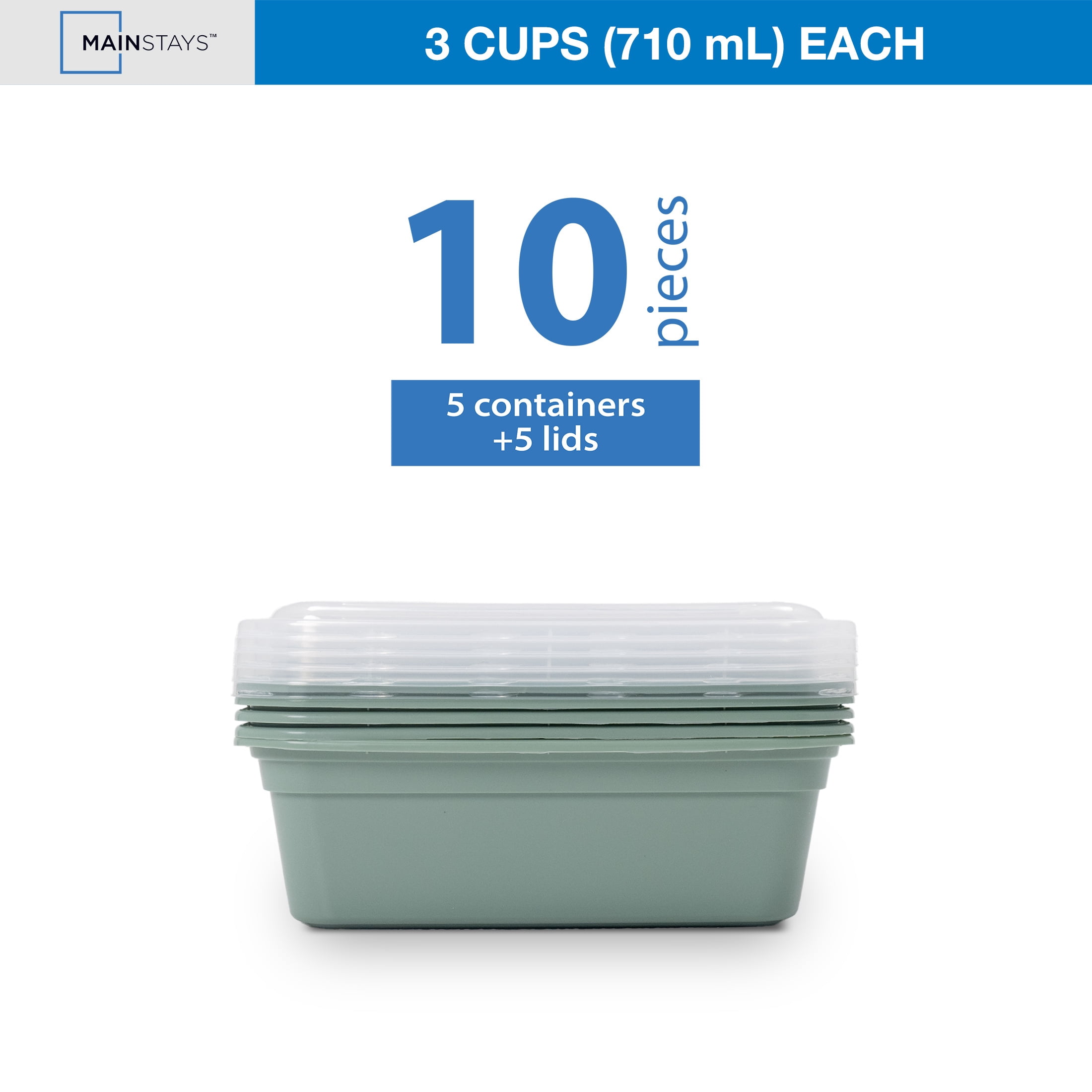 Mainstays Food Storage Containers, 5-Pack, 1-Compartment, BPA-Free Plastic, 3 Cup, Green Sage