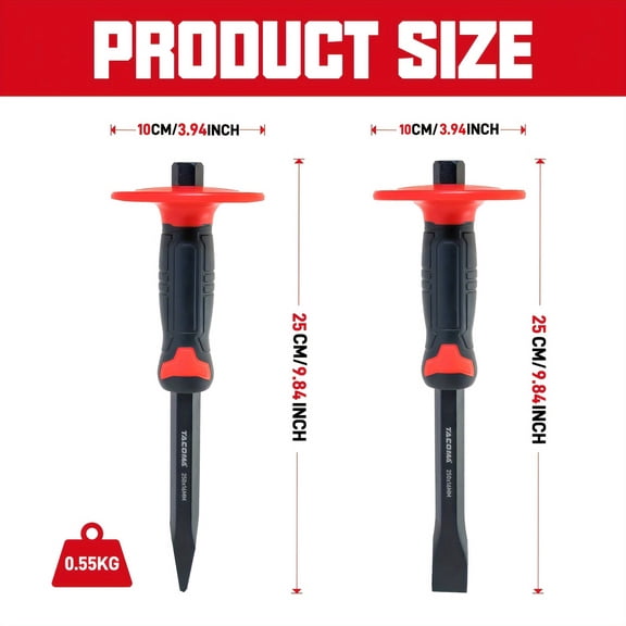 2-Piece 10 Inch Heavy Duty Masonry Chisel Set, Flat and Pointed Chisels with TPR Hand Guards, for Concrete, Brick, Masonry, Demolition and Carving