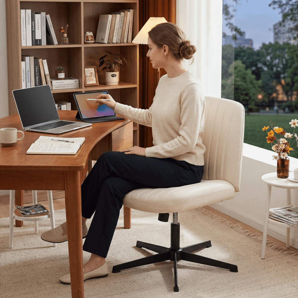 Armless Criss Cross Legged Office Chair, Desk Chair No Wheels, PU Leather, Beige