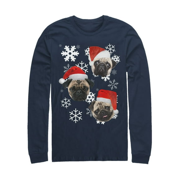 Men's Lost Gods Ugly Christmas Pug Long Sleeve Shirt Navy Blue Small