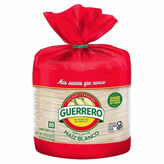 Pack of 1 Guerrero White Corn Tortillas, Gluten Free, Trans Fat Free, Bulk Soft Taco Size, 80 Count
