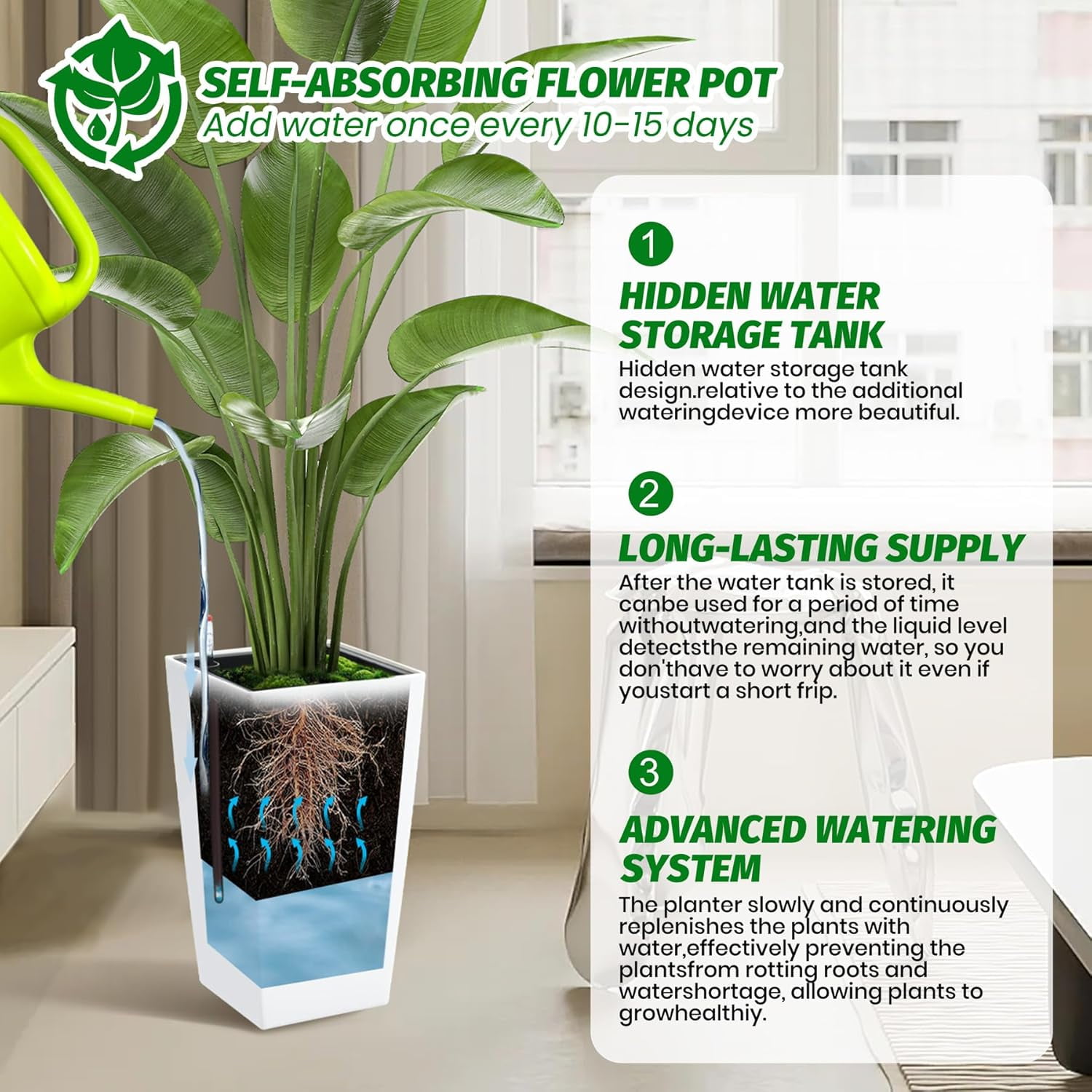Rectangular Planters Set of 2 Large Modern Plant Pots with Drainage Holes＆Water Level Monitor＆Wheels Outdoor and Indoor for Patio, Porch, Living Room, or Home Office
