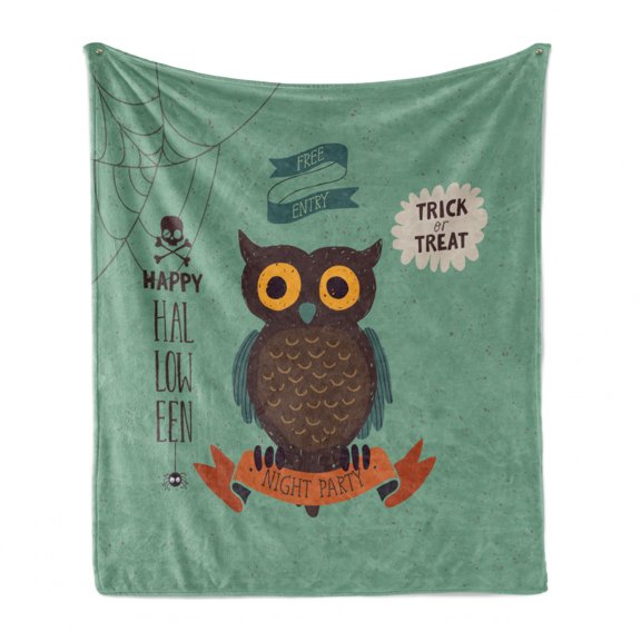 Halloween Soft Flannel Fleece Throw Blanket, Owl and Spider Web Night Party Trick or Treat Lettering Print, Cozy Plush for Indoor and Outdoor Use, 60" x 80", Laurel Green and Multicolor, by Ambesonne