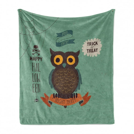 Halloween Soft Flannel Fleece Throw Blanket, Owl and Spider Web Night Party Trick or Treat Lettering Print, Cozy Plush for Indoor and Outdoor Use, 50" x 70", Laurel Green and Multicolor, by Ambesonne