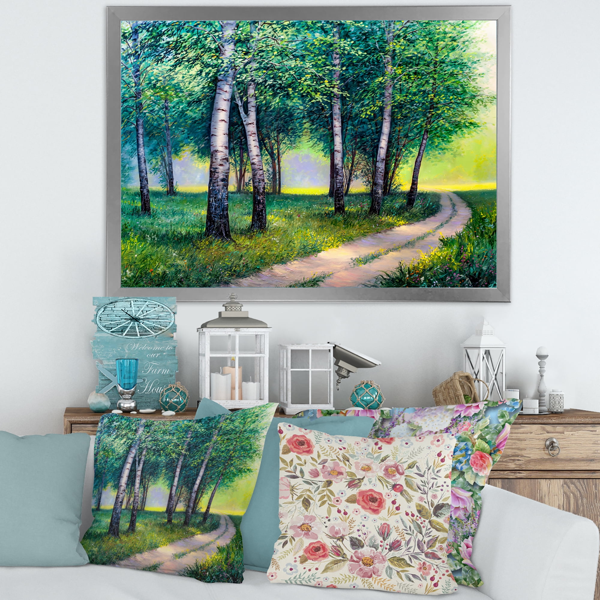 Designart 'Summer Forest Path By The Birches' Lake House Framed Art Print
