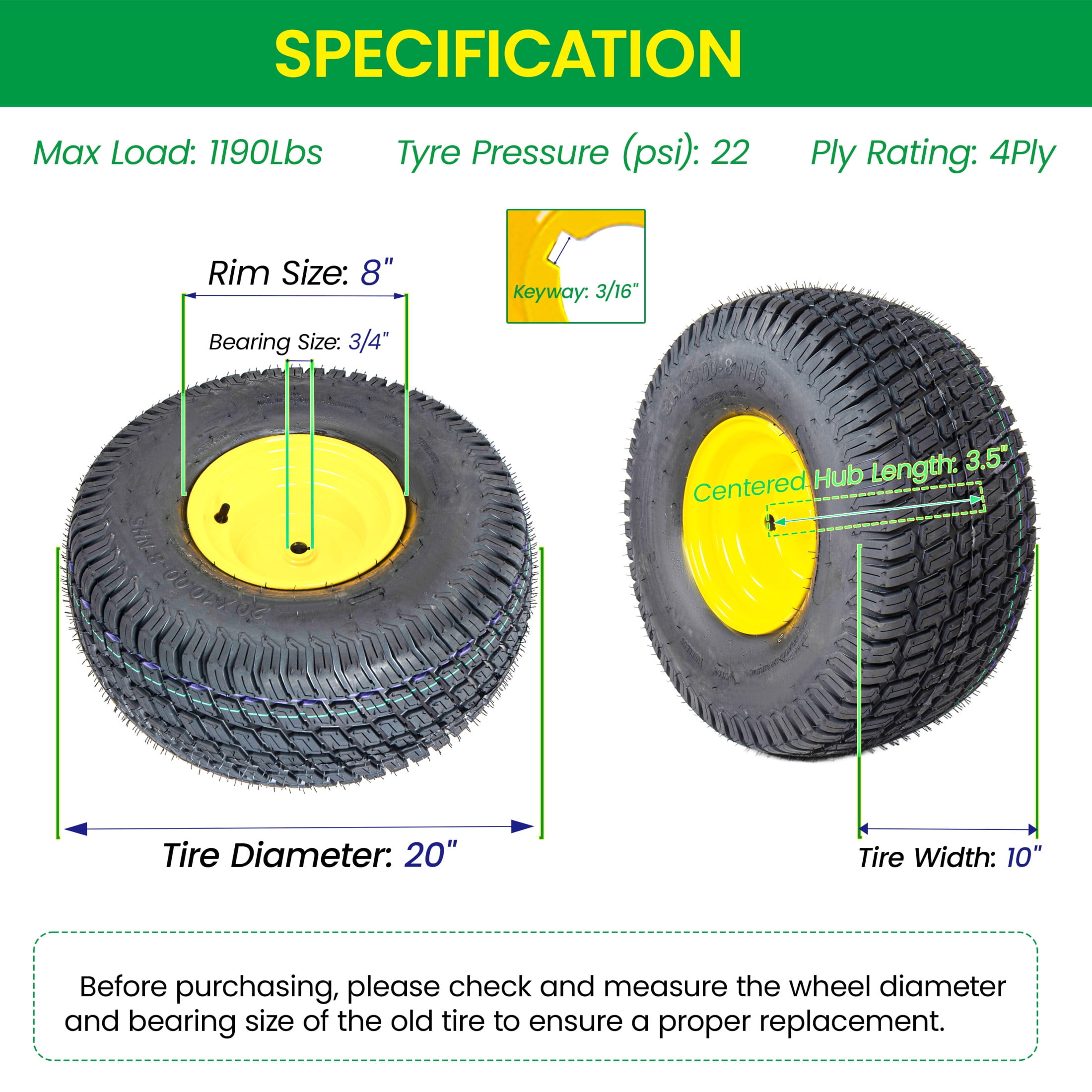 Noble House 20" x 10" Lawn Mower Tires & Wheel Assembly with Steel Rim, Tubeless Heavy Duty, Black & Yellow, Set of 2