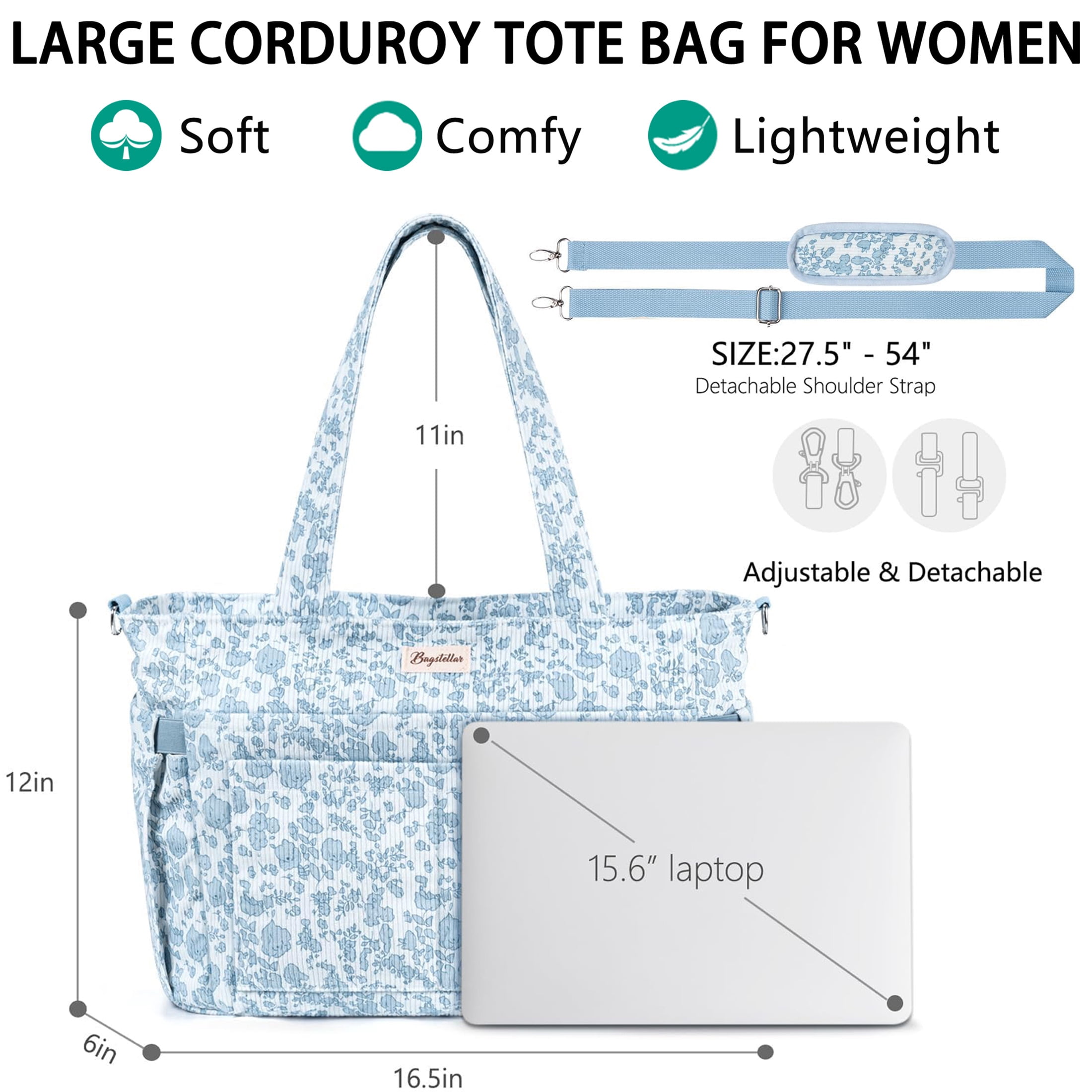 Corduroy Tote Bag for Women, Lightweight Work Laptop Tote Purse With 17 Pockets, Crossbody Shoulder Handbag for School Work Travel Gym, Blue Floral