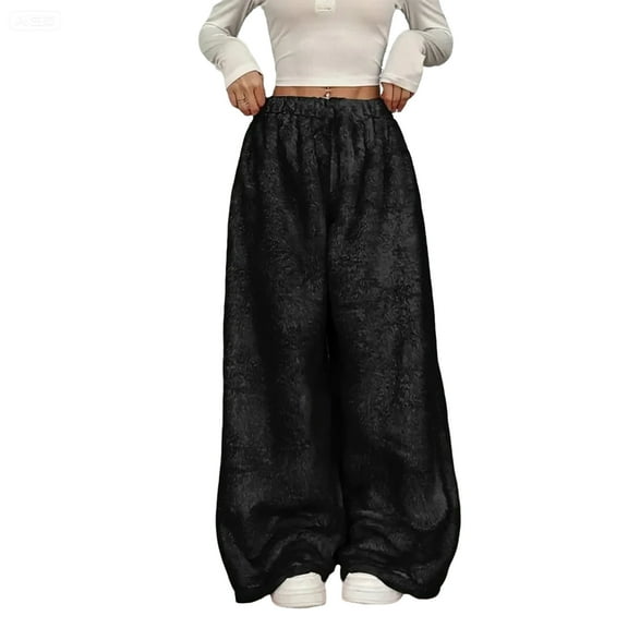 GrmtClth Plush Wide Leg Pants for Women Fluffy Lightweight Comfy Long Pants Stylish Fuzzy Thermal Elastic Waist Bottoms Black M
