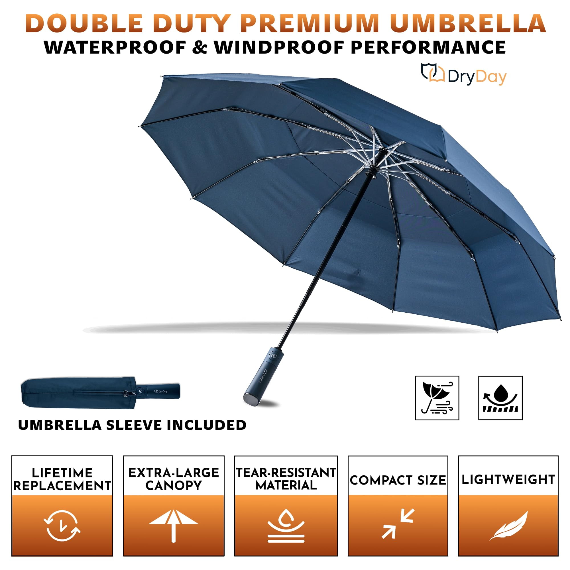 DryDay 47” Premium Umbrellas for Rain, Large Windproof Double Canopy Umbrella, 10 Aluminum Ribs, Sturdy Frame, Auto Open Close Unique Handle, Windproof & Waterproof Umbrella for Women & Men, NavyBlue