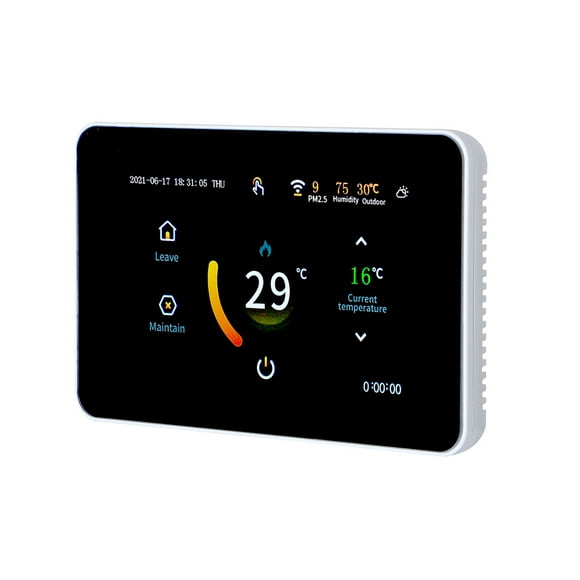 85-275V Wi-Fi Thermostat Intelligent Thermostat Programmable 5 + 2 / 6 + 1 / 7 Jours Programme App Télécommande Commande Vocale Compatible avec l'Assistant ° C / ° F Pm2.5 Affichage de l'Humidité Temps Numérique Élit