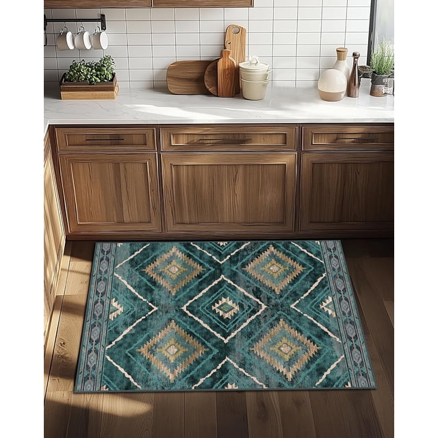 BESTSWEETIE Area Rug 2x3 for Living Room Southwest Washable Rugs Western Aztec Soft Low Pile Non Slip Print Pattern Indoor Carpet for Bedrooms Dining Room, Dark Green