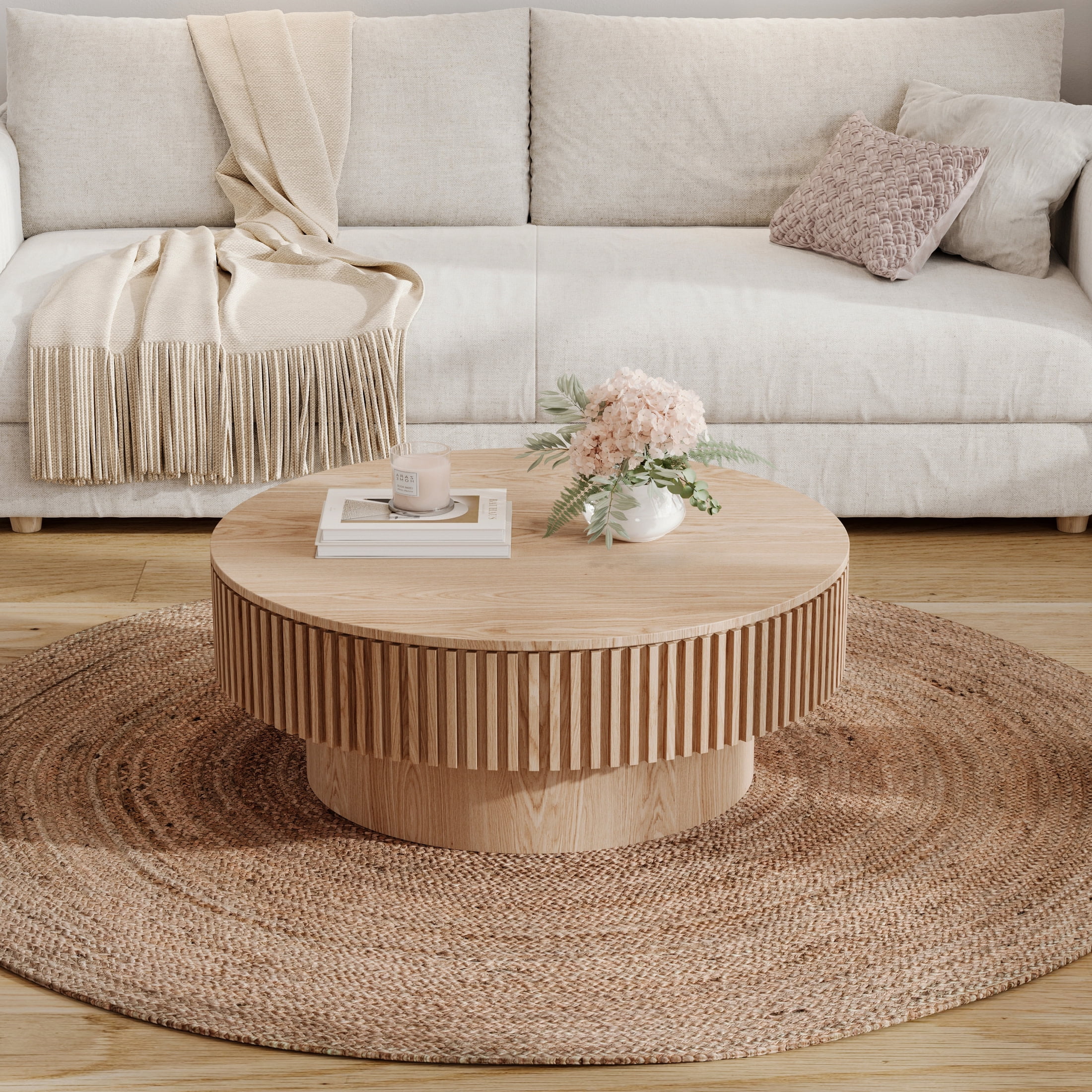 Noble House Leigh 31.5'' Round Modern Coffee Table with Hidden Storage, Solid Wood Veneer, Accent Tea Table, Natural