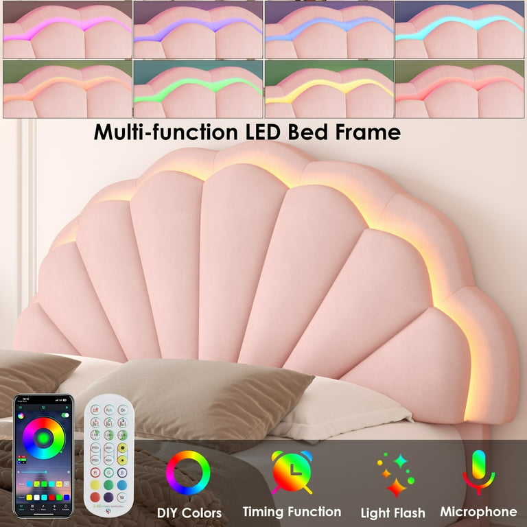 Homfa Pink Full Size LED Bed Frame, Velvet Upholstered