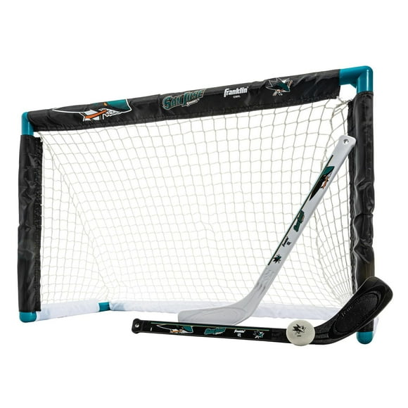 Franklin Sports NHL Sharks Mini Hockey Set - Kids Indoor Knee Hockey Goal, Ball, 2 Mini Hockey Stick Combo Set