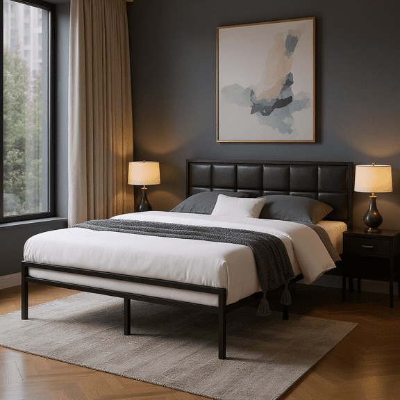 BSHTI TWIN Size Platform Bed Frame, with Upholstered Headboard, Adjustable Headboard, Faux Leather Upholstery, and Center Support Leg, Easy Assembly Black