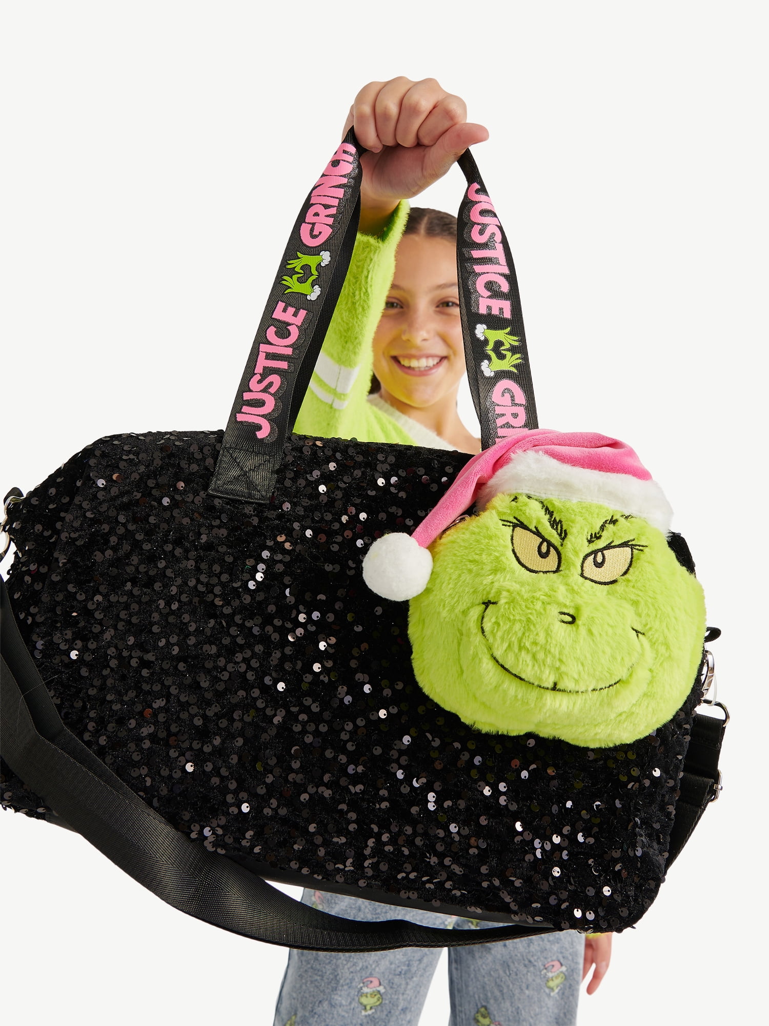 Justice Girls Grinch Sparkle Duffle with Plush Bag Charm, Black