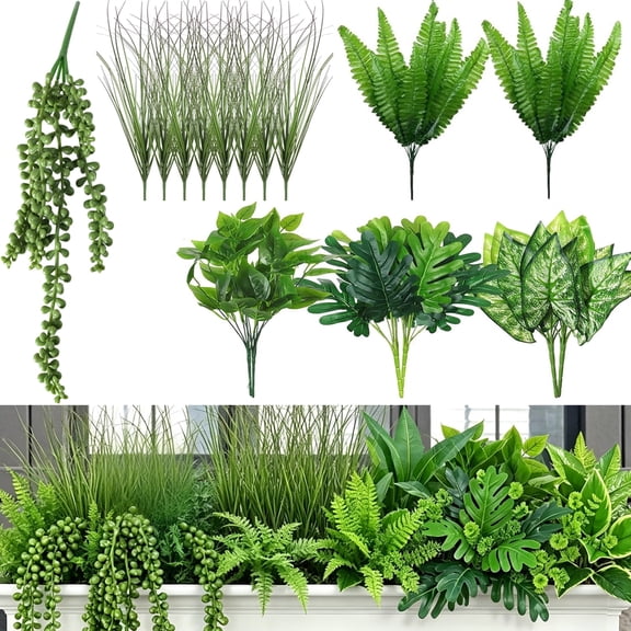 17Pcs Outdoor Artificial Plants UV Resistant Fake Grass Plants Shrubs Bushes Plastic Greenery Faux Plants for Outside Indoor Hanging Plants Garden Porch Window Box Home Wedding Farmhouse Decor