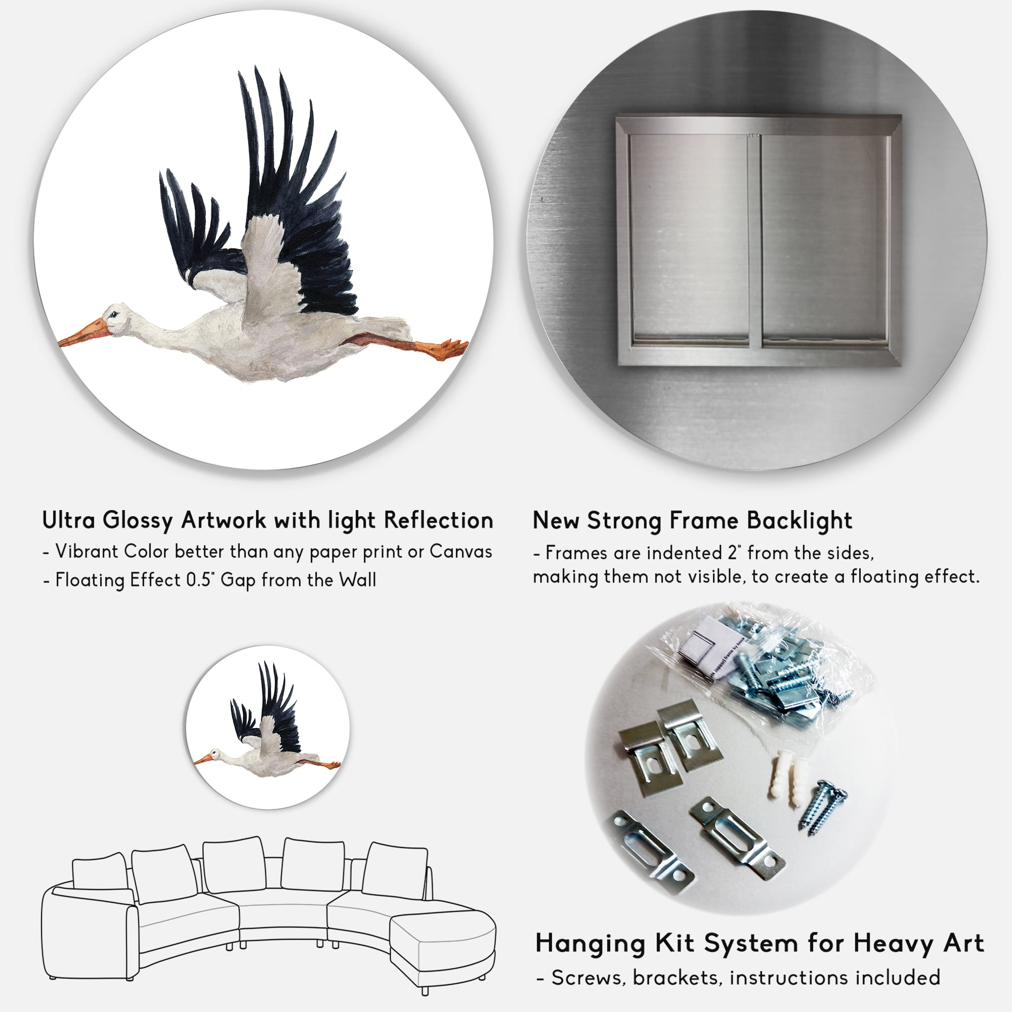 Designart 'White Stork Ciconia Flying Bird ' Traditional Circle Metal Wall Art 11x11 - Disc of 11
