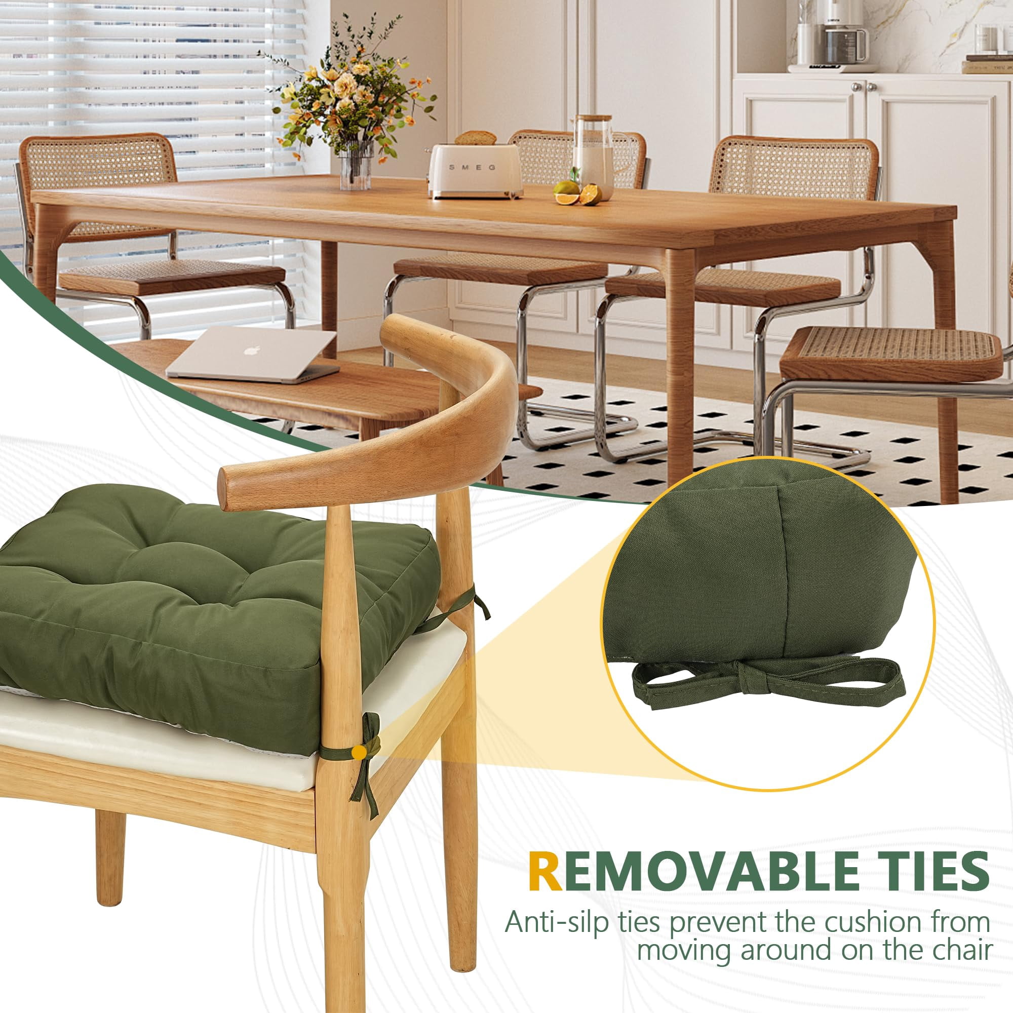 Chair Cushions for Dining Chairs Set of 2, 16.5" x 16.5" Tufted Memory Foam Seat Cushions, 3.5" Thick Olefin Fabric Kitchen Chair Pads with Ties & Non-Slip Backing, Deep Green