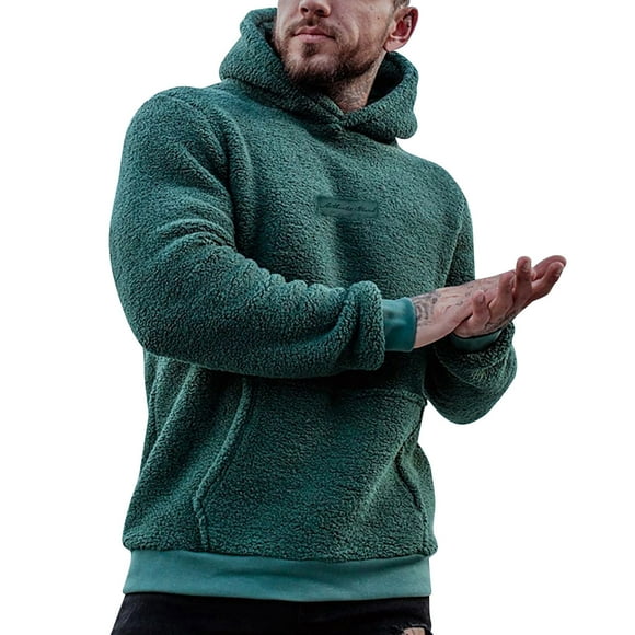 LUOGENLI Zipper Hoodies for Men Big and Tall Man Autumn Plush Hoodie Fuzzy Solid Color Letter Label Long Sleeve Pockets Hooded Sweatshirt Hoodies for Men Zip up Navy Blue Green Size L