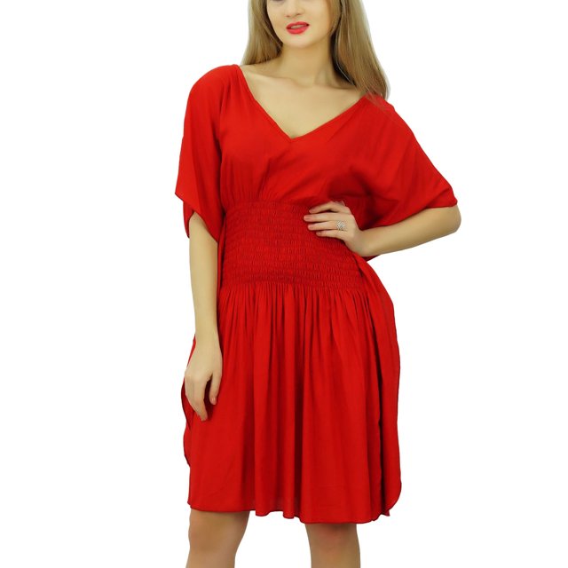 Bimba Women Short Rayon Kaftan Kimono Sleeve Smocket Waist Summer Beach Coverup