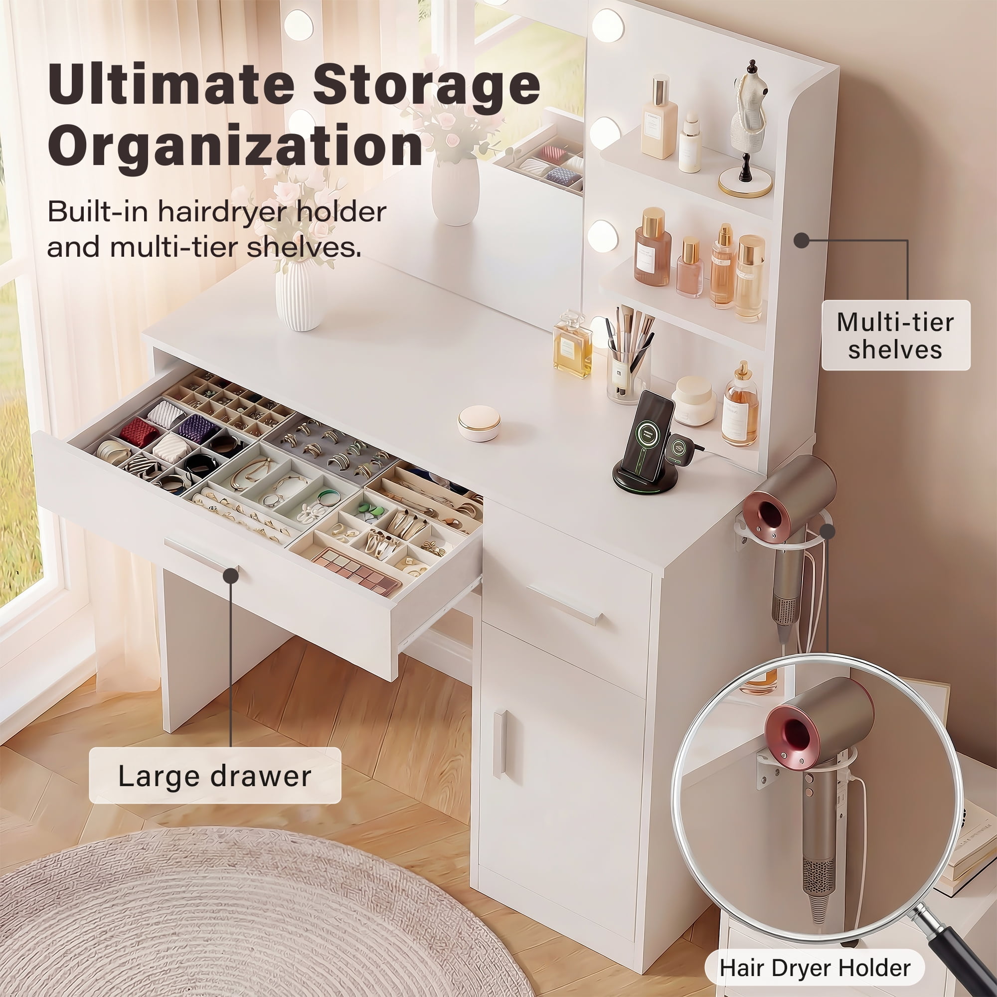 Vineego Makeup Vanity Desk with Mirror, Vanity Set with Charging Outlets and LED Lights, Vanity Table with Storage Shelves Drawers and Cabinet for Bedroom Dressing Room, White