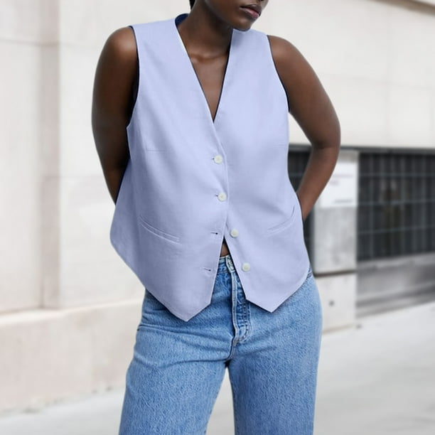 Camiseta sin mangas con cuello en V estilo informal Top sin mangas para mujer Top corto traje de trabajo de oficina