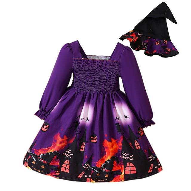 Tenues d'Halloween pour Filles Robes pour Tout-Petits Automne Hiver Robe à Imprimé Citrouille avec Chapeau Tenue Décontractée pour Jouer pour Enfants de 2 à 7 Ans