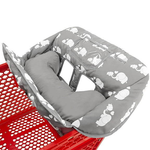 Soft Pillow Attached 2-in-1 Shopping Cart and High Chair Cover for , Cotton Padded Cart Cover, Fold'n Roll Style, Portable with Carry Bag (Gray Elephant)