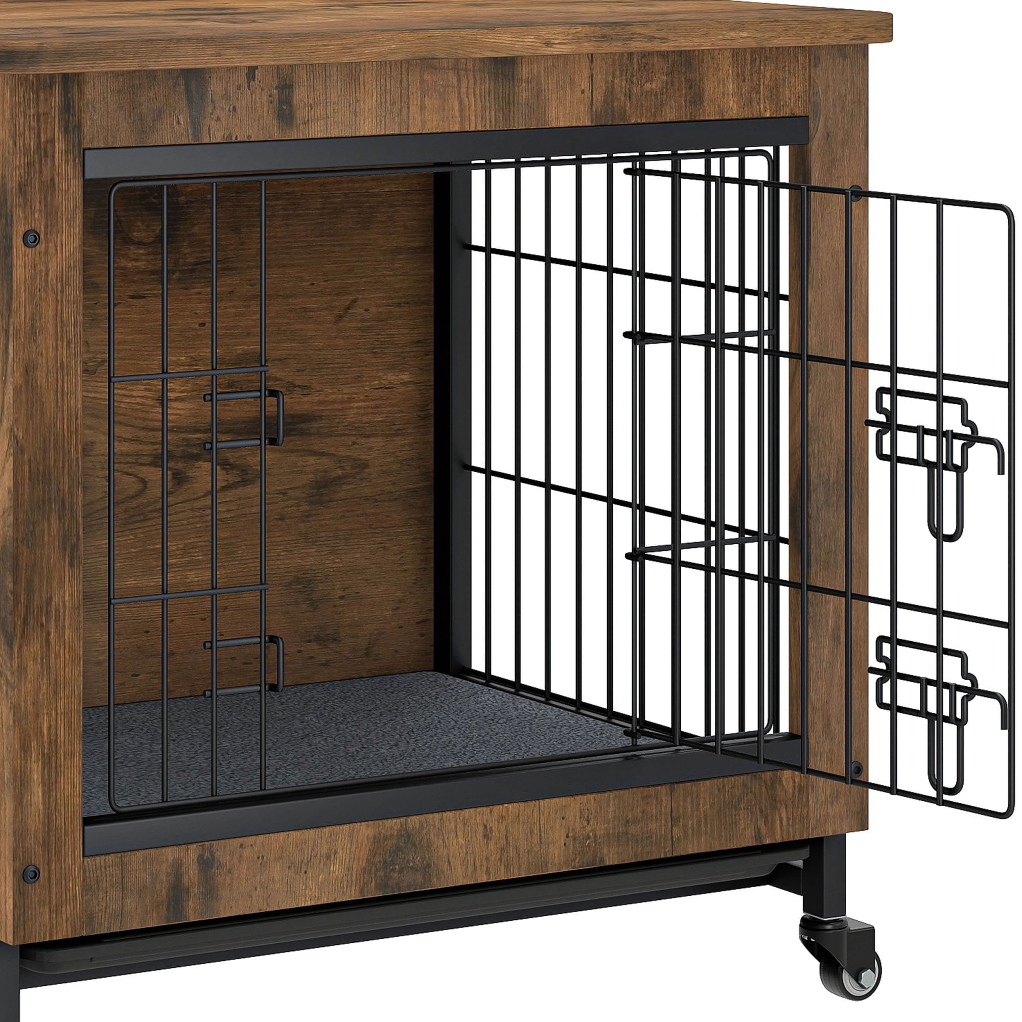 Uforic 27" Dog Crate Furniture with Cushion & Tray, Wooden Indoor Dog Kennel End Table for Small Dogs, Rustic Brown